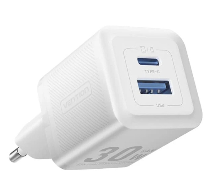 Vention Зарядний пристрій VENTION 2-Port USB (C + A) GaN Charger (30W/30W) with USB-C to USB-C Cable (1M) EU-Plug White (TZ-FEQW0-EU-01)