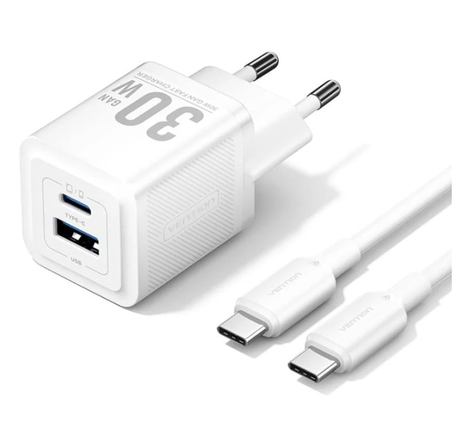 Vention Зарядний пристрій VENTION 2-Port USB (C + A) GaN Charger (30W/30W) with USB-C to USB-C Cable (1M) EU-Plug White (TZ-FEQW0-EU-01)