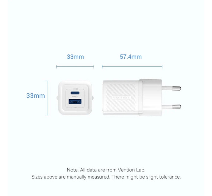 Vention Зарядний пристрій VENTION 2-Port USB (C + A) GaN Charger (30W/30W) with USB-C to USB-C Cable (1M) EU-Plug White (TZ-FEQW0-EU-01)