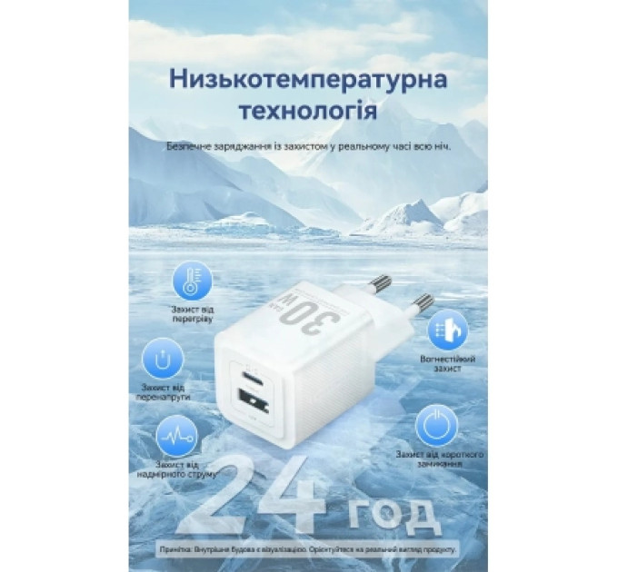 Vention Зарядний пристрій VENTION 2-Port USB (C + A) GaN Charger (30W/30W) with USB-C to USB-C Cable (1M) EU-Plug White (TZ-FEQW0-EU-01)