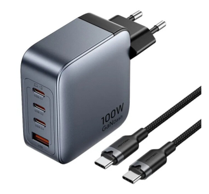 Vention Зарядний пристрій VENTION 4-Port USB (C + C + C + A) GaN Charger (100W/100W/30W/30W) Gray with USB-C to USB-C Cable (1M) B (TZ-FETH0-EU)