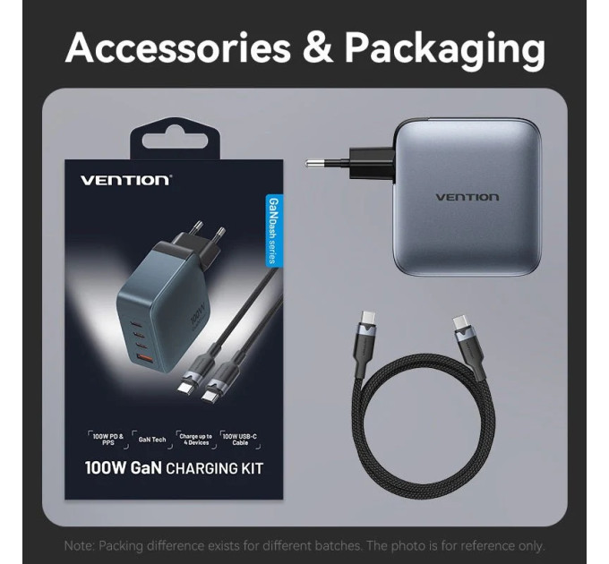 Vention Зарядний пристрій VENTION 4-Port USB (C + C + C + A) GaN Charger (100W/100W/30W/30W) Gray with USB-C to USB-C Cable (1M) B (TZ-FETH0-EU)