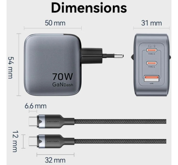 Vention Зарядний пристрій VENTION 3-Port USB (C+C+A) GaN Charger (70W/70W/22.5W) Gray with USB-C to USB-C Cable (1M) Black EU-Plug (TZ-FEXH0-EU)