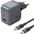 Vention Зарядний пристрій VENTION 3-Port USB (C+C+A) GaN Charger (70W/70W/22.5W) Gray with USB-C to USB-C Cable (1M) Black EU-Plug (TZ-FEXH0-EU)