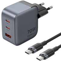 Зарядний пристрій VENTION 3-Port USB (C+C+A) GaN Charger (70W/70W/22.5W) Gray with USB-C to USB-C Cable (1M) Black EU-Plug (TZ-FEXH0-EU)