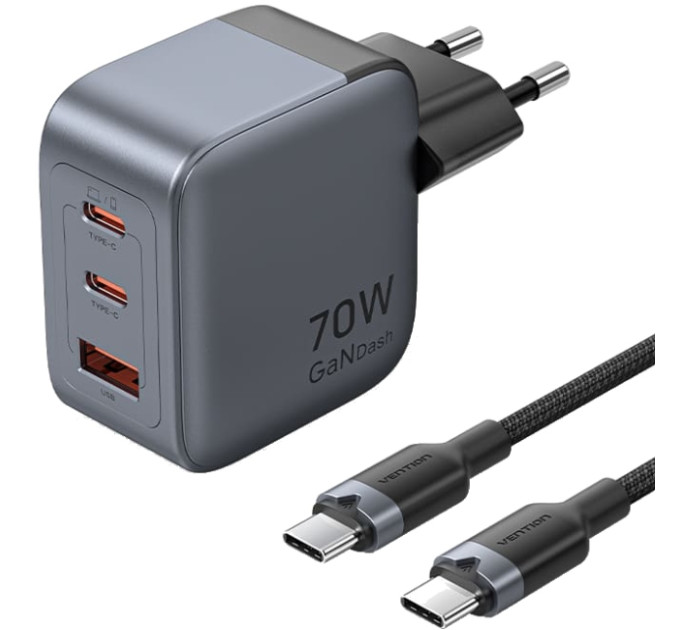 Vention Зарядний пристрій VENTION 3-Port USB (C+C+A) GaN Charger (70W/70W/22.5W) Gray with USB-C to USB-C Cable (1M) Black EU-Plug (TZ-FEXH0-EU)