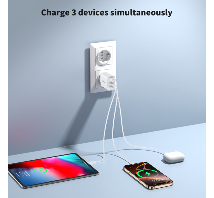Choetech Мережевий зарядний пристрій Choetech (2хUSB-C+USB-A) White (PD3046-EU-WH)