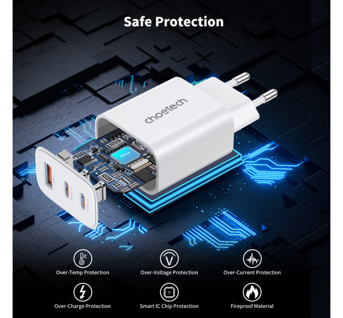 Choetech Мережевий зарядний пристрій Choetech (2хUSB-C+USB-A) White (PD3046-EU-WH)