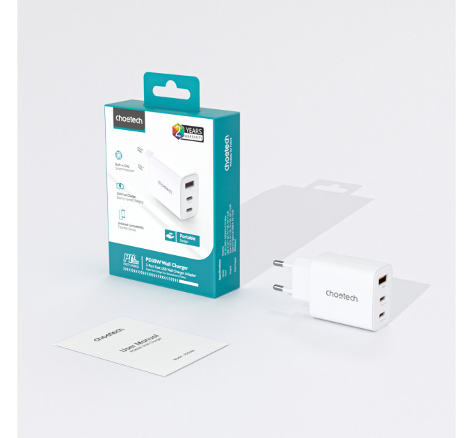 Choetech Мережевий зарядний пристрій Choetech (2хUSB-C+USB-A) White (PD3046-EU-WH)