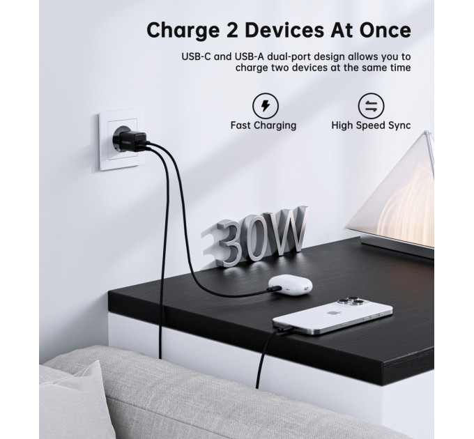 Choetech Мережевий зарядний пристрій Choetech (USB-C+USB-A) Black (PD5012-EU-BK)
