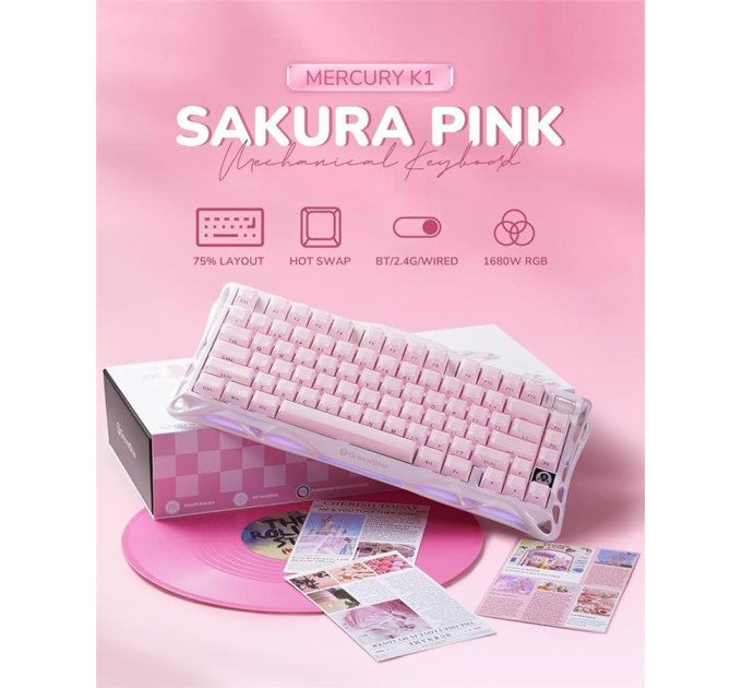 GravaStar Клавіатура механічна GravaStar Mercury K1 80keys, GravaStar x Kailh Cheery Pink, EN, BT/WL/USB, Sakura Pink
