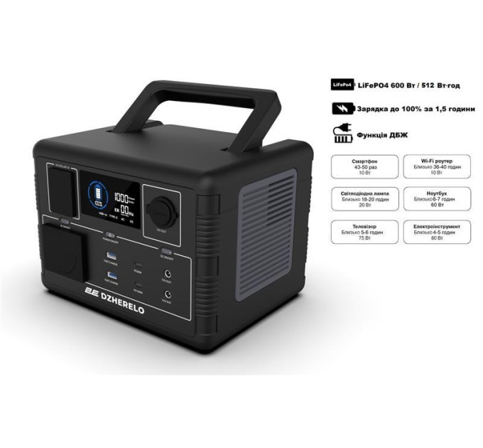 2E Energy Portable Портативна електростанція 2Е Dzherelo, 600 Вт, 512 Вт·год, швидка зарядка