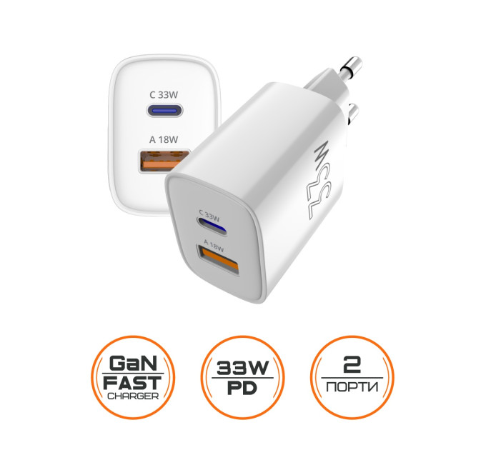 Sigma mobile Мережевий зарядний пристрій Sigma mobile X-power 33W GaN, PD, QC (1xUSB-C + 1xUSB-A) White (PS33-01)