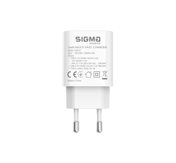 Sigma mobile Мережевий зарядний пристрій Sigma mobile X-power 33W GaN, PD, QC (1xUSB-C + 1xUSB-A) White (PS33-01)