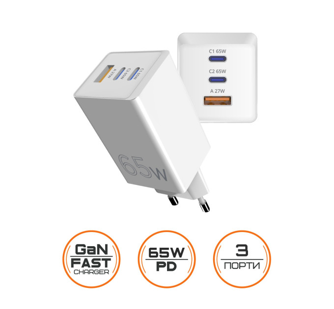 Sigma mobile Мережевий зарядний пристрій Sigma mobile X-power 65W GaN, PD, QC (2xUSB-C + 1xUSB-A) White (PS65-01)