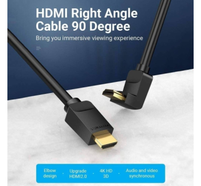 Vention Кабель мультимедійний HDMI M to HDMI M 1.5m V2.0 4K60Hz 90° corner PVC black Vention (AARBG)
