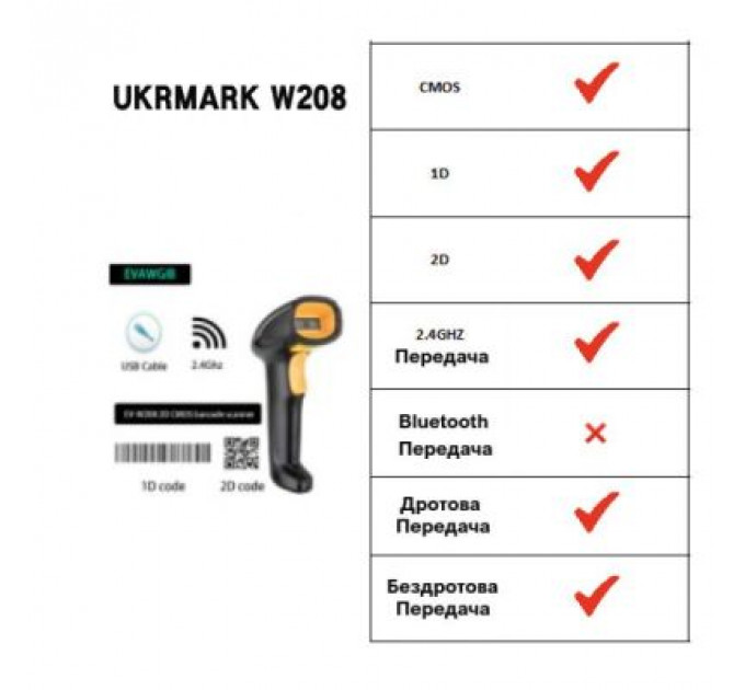 Сканер штрих-коду UKRMARK EV-W208 2D, wireless, USB (900564)