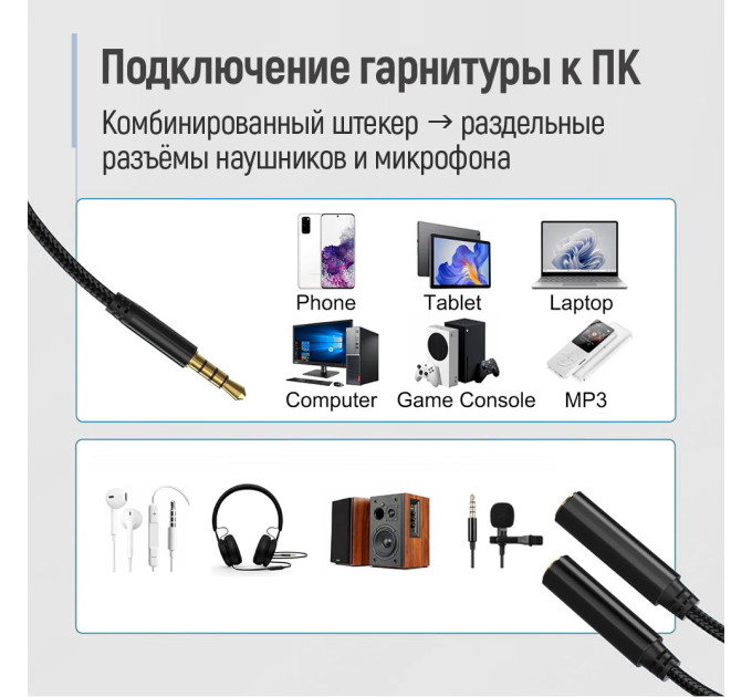 ColorWay Адаптер ColorWay 3.5 мм - 2х3.5 мм (M/F), 0.28 м, Black (CW-AD-J2FJ)