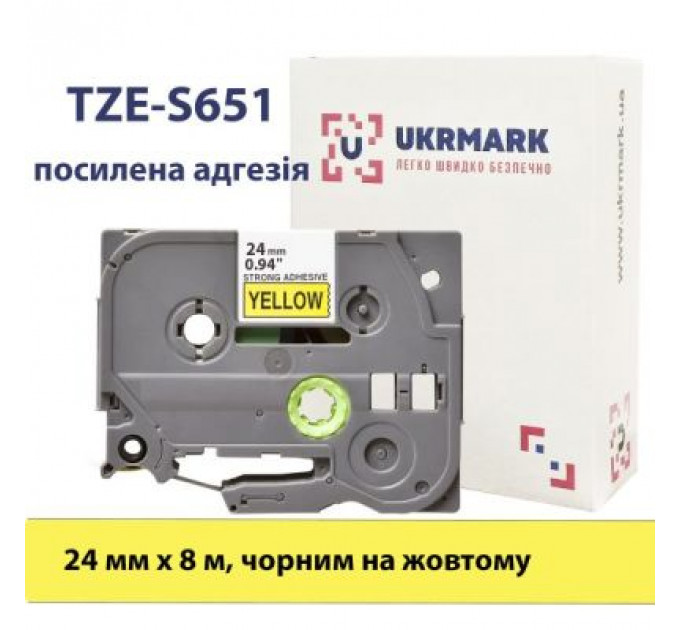 Стрічка для принтера етикеток UKRMARK B-S-T651P, з посиленою адгезією, 24мм х 8м, black on yellow, аналог TZe-S651 (900332)