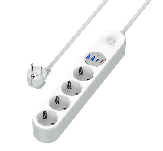 ColorWay Фільтр живлення ColorWay CW-CHE44PDW 4 розетки, 4USB (Type-C PD20W + 3USB QC3.0) (45W), 2 м, White