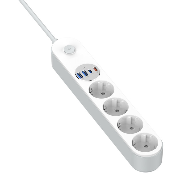ColorWay Фільтр живлення ColorWay CW-CHE44PDW 4 розетки, 4USB (Type-C PD20W + 3USB QC3.0) (45W), 2 м, White