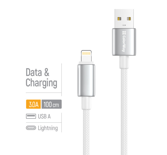 ColorWay Кабель ColorWay USB - Lightning (M/M), zinc alloy braided, 3А, 1 м, White (CW-CBUL098-WT)