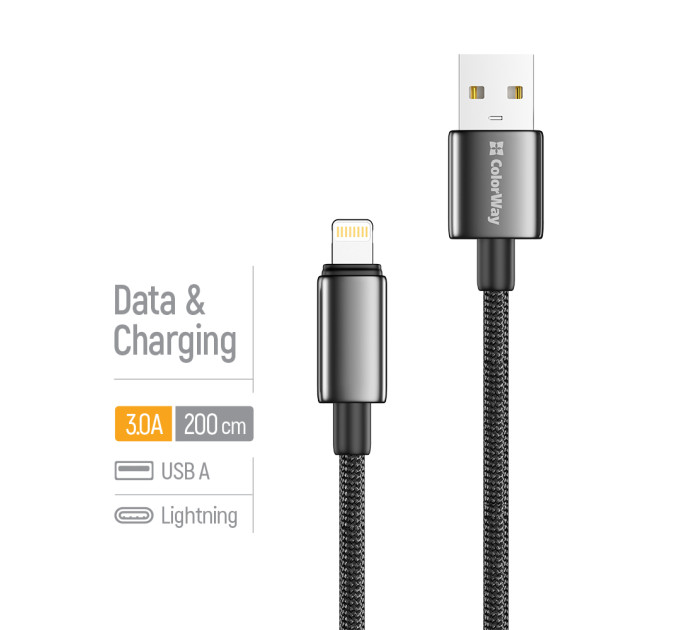 ColorWay Кабель ColorWay USB - Lightning (M/M), zinc alloy braided, 3А, 2 м, Black (CW-CBUL099-BK)