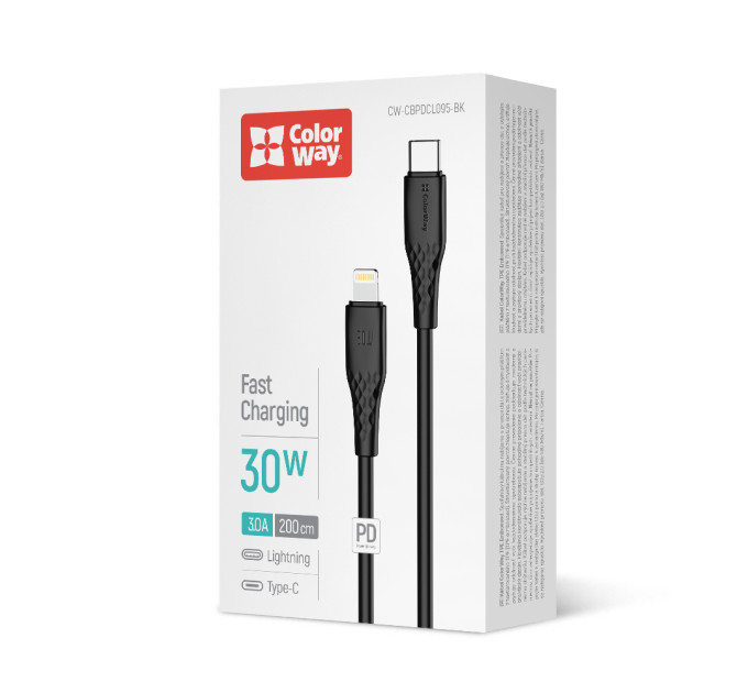 ColorWay Кабель ColorWay USB Type-C - Lightning (M/M), textured PVC, 3А, 2 м, Black (CW-CBPDCL095-BK)