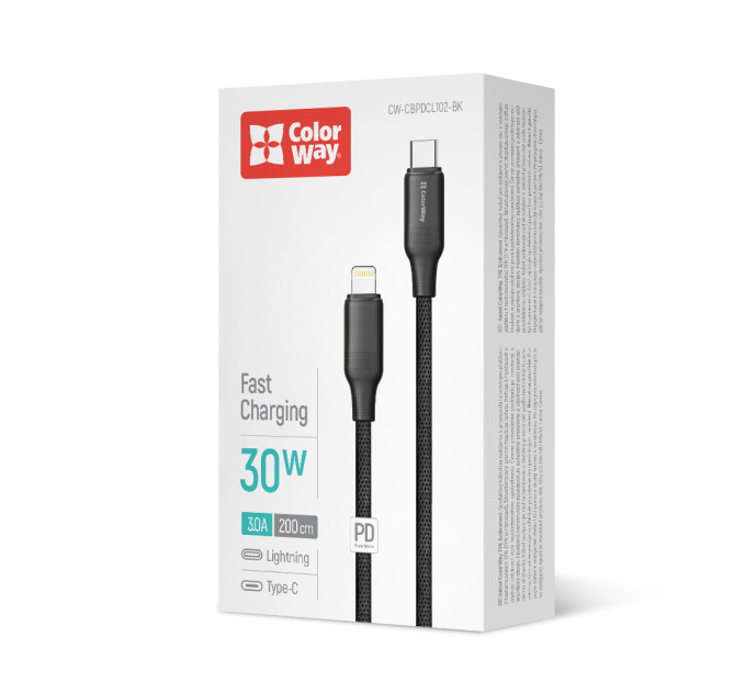 ColorWay Кабель ColorWay USB Type-C - Lightning (M/M), TPE embossed, 3А, 2 м, Black (CW-CBPDCL102-BK)
