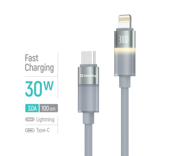 ColorWay Кабель ColorWay USB Type-C - Lightning (M/M), warm light, 3А, 1 м, Grey (CW-CBPDCL092-GR)