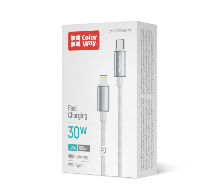 ColorWay Кабель ColorWay USB Type-C - Lightning (M/M), zinc alloy braided, 3А, 1 м, White (CW-CBPDCL098-WT)