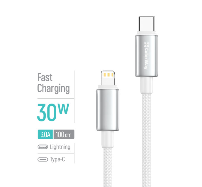 ColorWay Кабель ColorWay USB Type-C - Lightning (M/M), zinc alloy braided, 3А, 1 м, White (CW-CBPDCL098-WT)