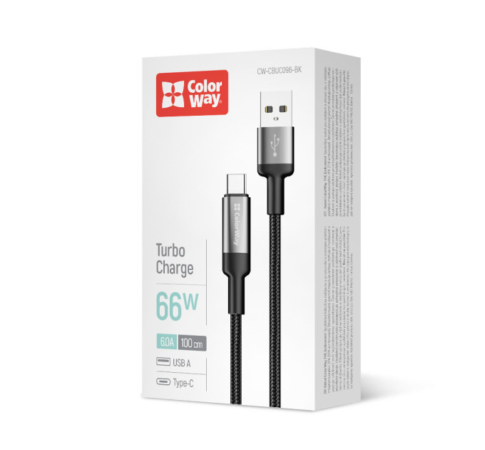 ColorWay Кабель ColorWay USB - USB Type-C (M/M), braided wire, 6А, 1 м, Black (CW-CBUC096-BK)