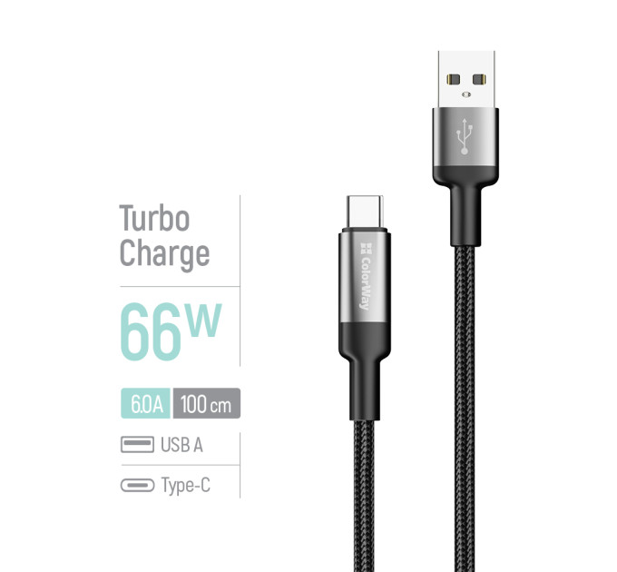 ColorWay Кабель ColorWay USB - USB Type-C (M/M), braided wire, 6А, 1 м, Black (CW-CBUC096-BK)