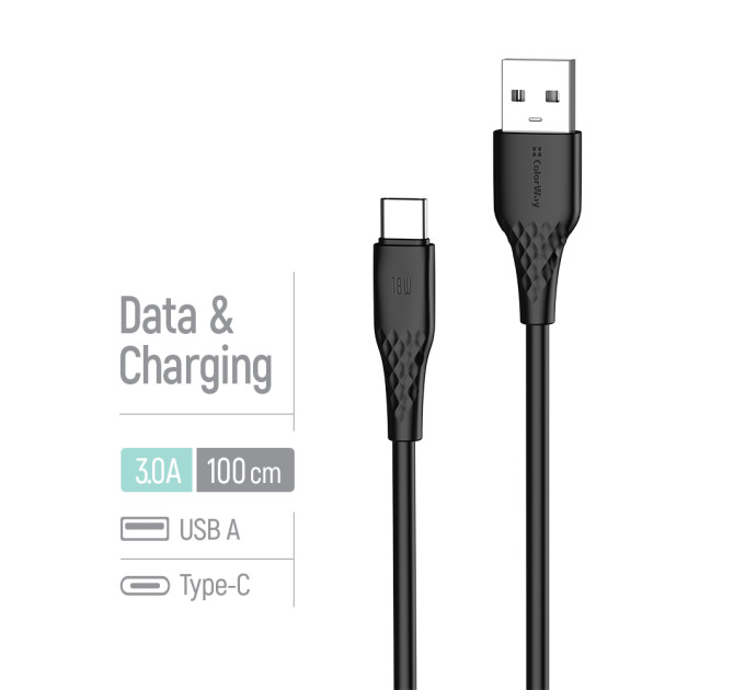 ColorWay Кабель ColorWay USB - USB Type-C (M/M), textured PVC, 3А, 1 м, Black (CW-CBUC094-BK)