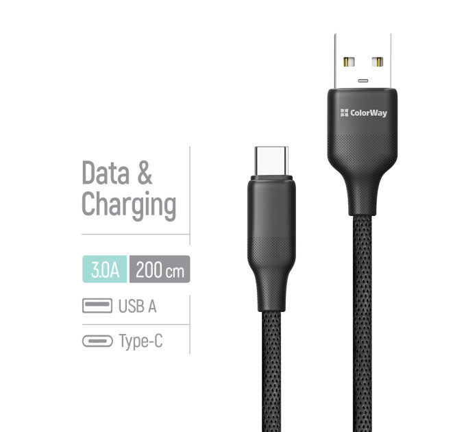 ColorWay Кабель ColorWay USB - USB Type-C (M/M), TPE embossed, 3А, 2 м, Black (CW-CBUC102-BK)