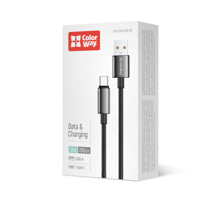 ColorWay Кабель ColorWay USB - USB Type-C (M/M), zinc alloy braided, 3А, 2 м, Black (CW-CBUC099-BK)