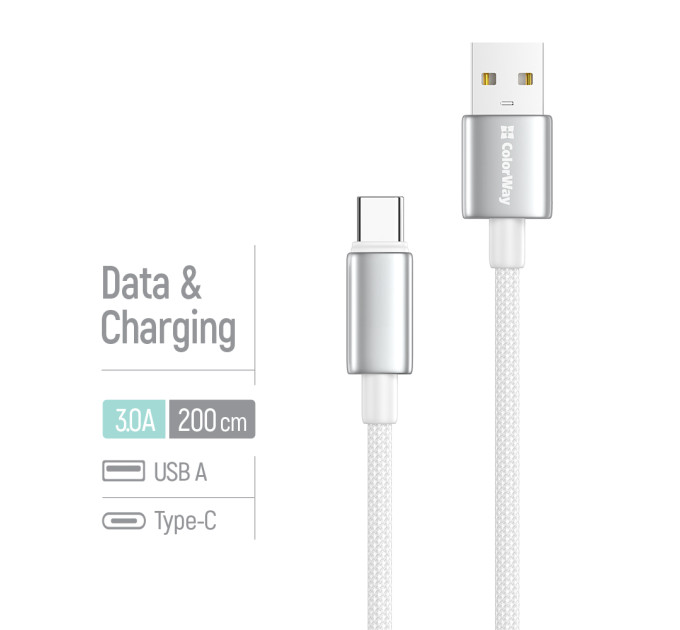 ColorWay Кабель ColorWay USB - USB Type-C (M/M), zinc alloy braided, 3А, 2 м, White (CW-CBUC099-WT)