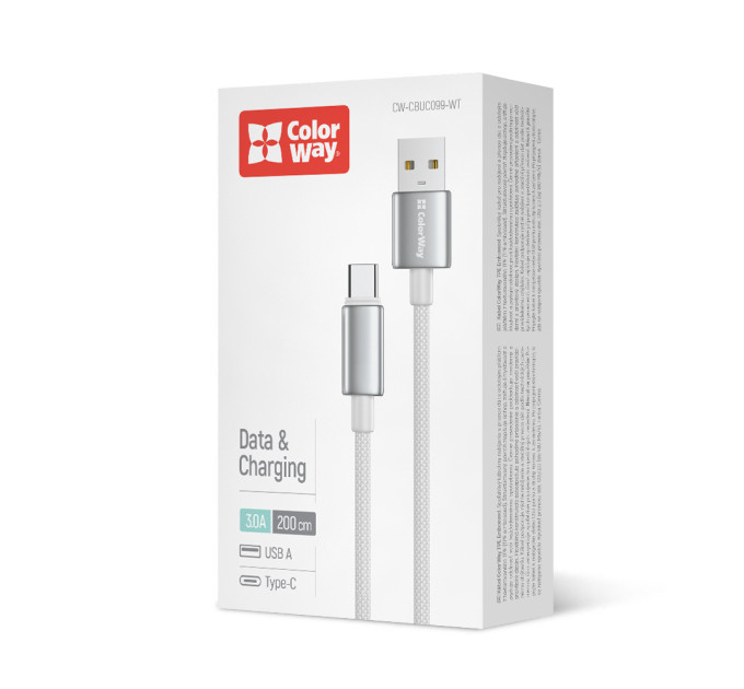 ColorWay Кабель ColorWay USB - USB Type-C (M/M), zinc alloy braided, 3А, 2 м, White (CW-CBUC099-WT)