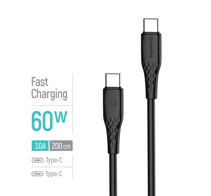 ColorWay Кабель ColorWay USB Type-C - USB Type-C (M/M), textured PVC, 3А, 2 м, Black (CW-CBPDCC095-BK)