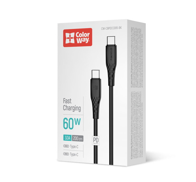 ColorWay Кабель ColorWay USB Type-C - USB Type-C (M/M), textured PVC, 3А, 2 м, Black (CW-CBPDCC095-BK)