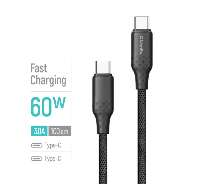 ColorWay Кабель ColorWay USB Type-C - USB Type-C (M/M), TPE embossed, 3А, 1 м, Black (CW-CBPDCC101-BK)