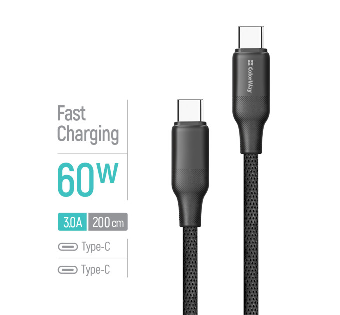 ColorWay Кабель ColorWay USB Type-C - USB Type-C (M/M), TPE embossed, 3А, 2 м, Black (CW-CBPDCC102-BK)