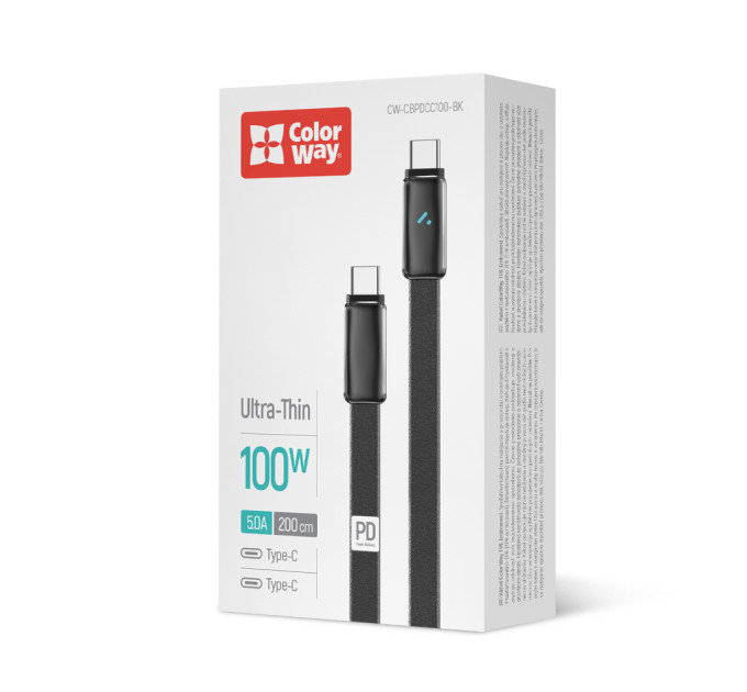 ColorWay Кабель ColorWay USB Type-C - USB Type-C (M/M), ultra-thin, 5А, 1 м, Black (CW-CBPDCC100-BK)