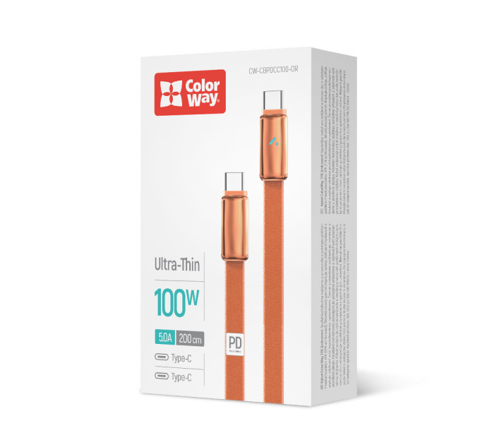 ColorWay Кабель ColorWay USB Type-C - USB Type-C (M/M), ultra-thin, 5А, 1 м, Orange (CW-CBPDCC100-OR)