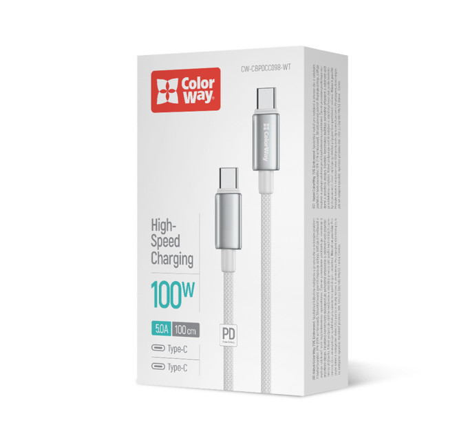 ColorWay Кабель ColorWay USB Type-C - USB Type-C (M/M), zinc alloy braided, 5А, 1 м, White (CW-CBPDCC098-WT)