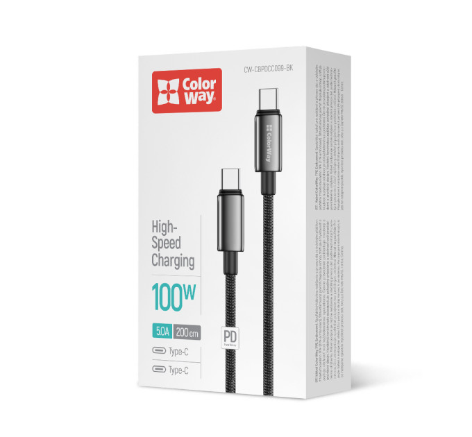 ColorWay Кабель ColorWay USB Type-C - USB Type-C (M/M), zinc alloy braided, 5А, 2 м, Black (CW-CBPDCC099-BK)