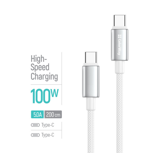 ColorWay Кабель ColorWay USB Type-C - USB Type-C (M/M), zinc alloy braided, 5А, 2 м, White (CW-CBPDCC099-WT)