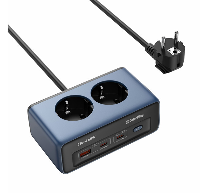 ColorWay Фільтр живлення ColorWay CW-CHE25PDB 45W 2 розетки, 1xUSB-A 2xUSB-C, 2 м, синій