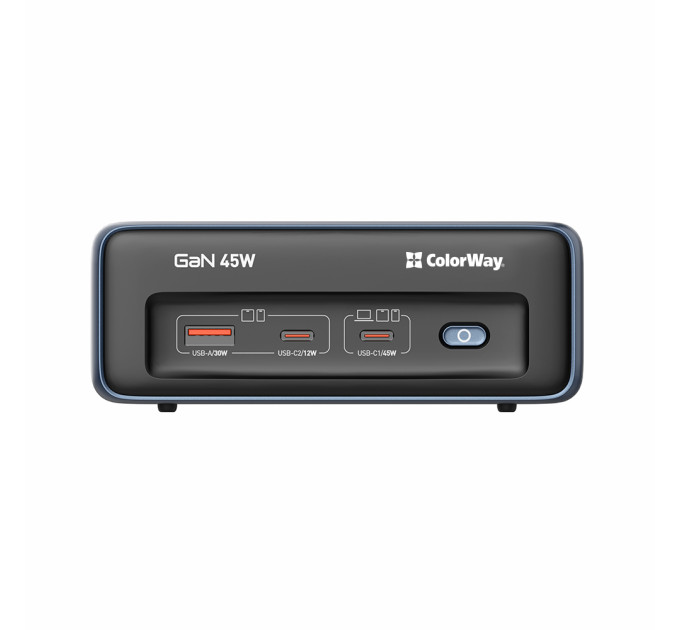 ColorWay Фільтр живлення ColorWay CW-CHE25PDB 45W 2 розетки, 1xUSB-A 2xUSB-C, 2 м, синій